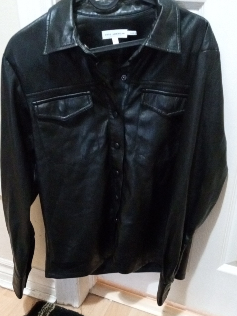 💲1⃣▶Good American Black Leather Button-Front Jacket